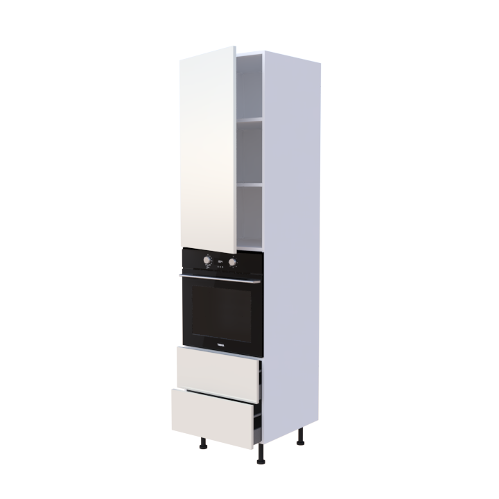Colonne 1 placard + 2 tiroirs + four L60 x H220 x P58 - Crème Laqué Brillant - meuble livré monté
