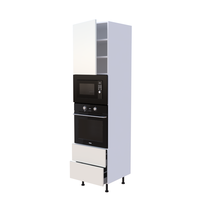 Colonne 1 placard + 2 tiroirs + four et micro-onde L60 x H220 x P58 - Crème Laqué Brillant - meuble livré monté