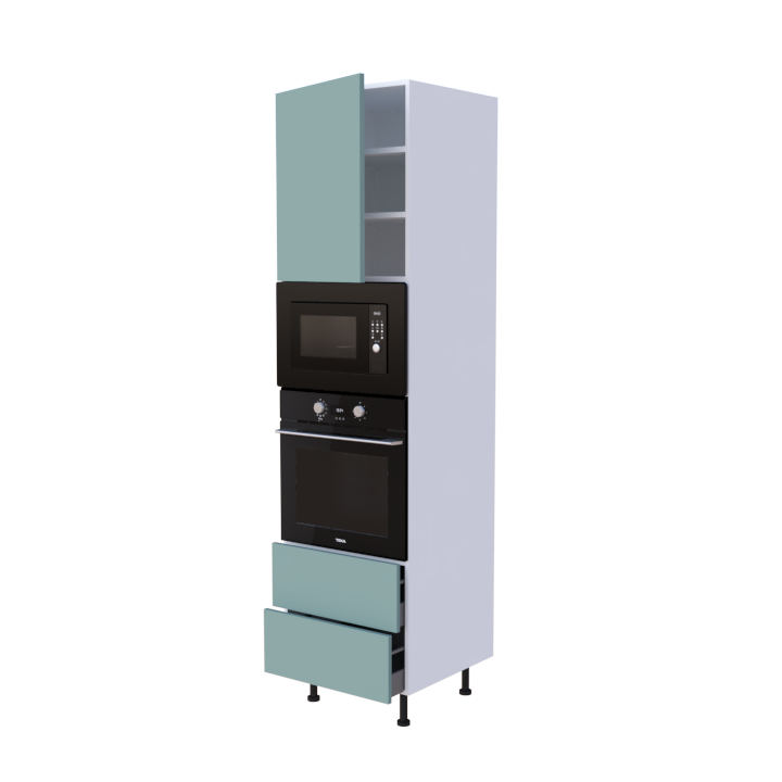 Colonne 1 placard + 2 tiroirs + four et micro-onde L60 x H220 x P58 - Eau Marine Mat - meuble livré monté