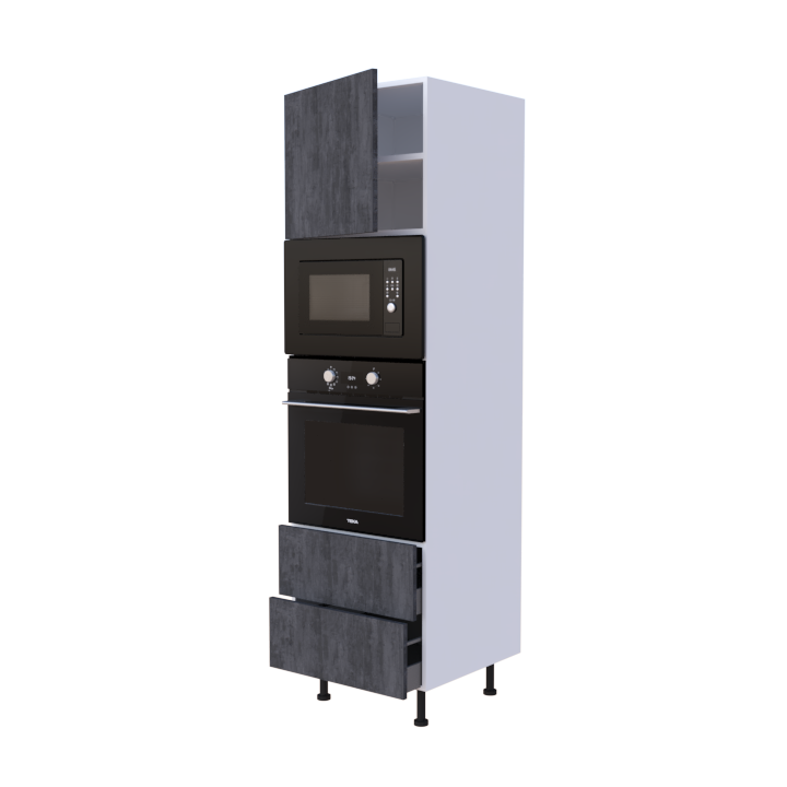 Colonne 1 placard + 2 tiroirs + four et micro-onde L60 x H200 x P58 - Graphite - meuble livré monté