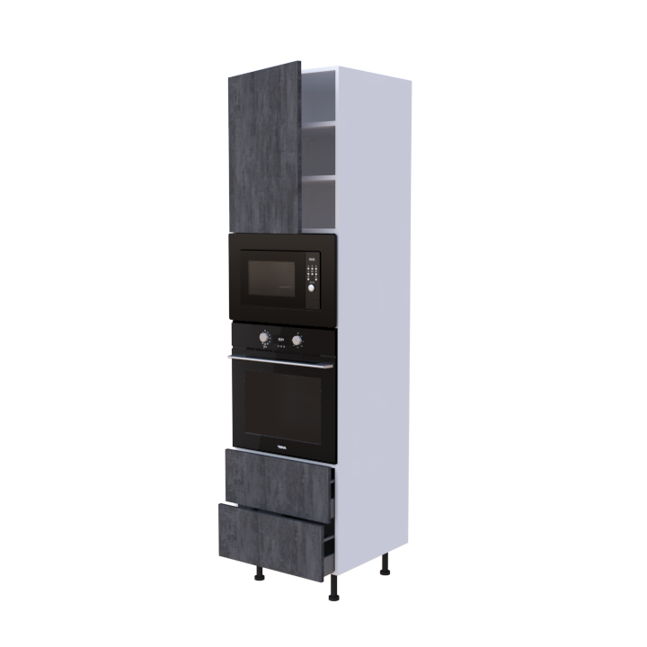 Colonne 1 placard + 2 tiroirs + four et micro-onde L60 x H220 x P58 - Graphite - meuble livré monté