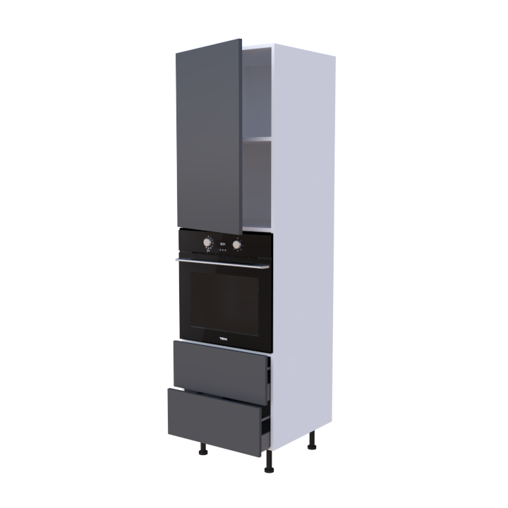 Colonne 1 placard + 2 tiroirs + four L60 x H200 x P58 - Gris Foncé Laqué Brillant - meuble livré monté