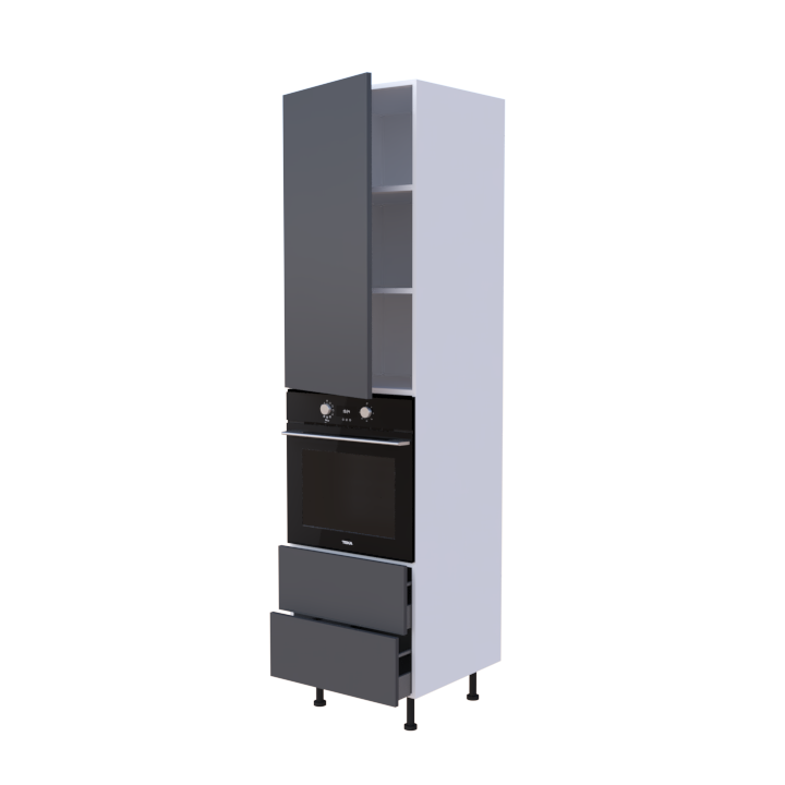 Colonne 1 placard + 2 tiroirs + four L60 x H220 x P58 - Gris Foncé Laqué Brillant - meuble livré monté