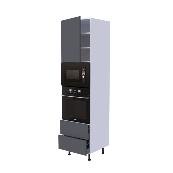 Colonne 1 placard + 2 tiroirs + four et micro-onde L60 x H220 x P58 - Gris Foncé Mat - meuble livré monté