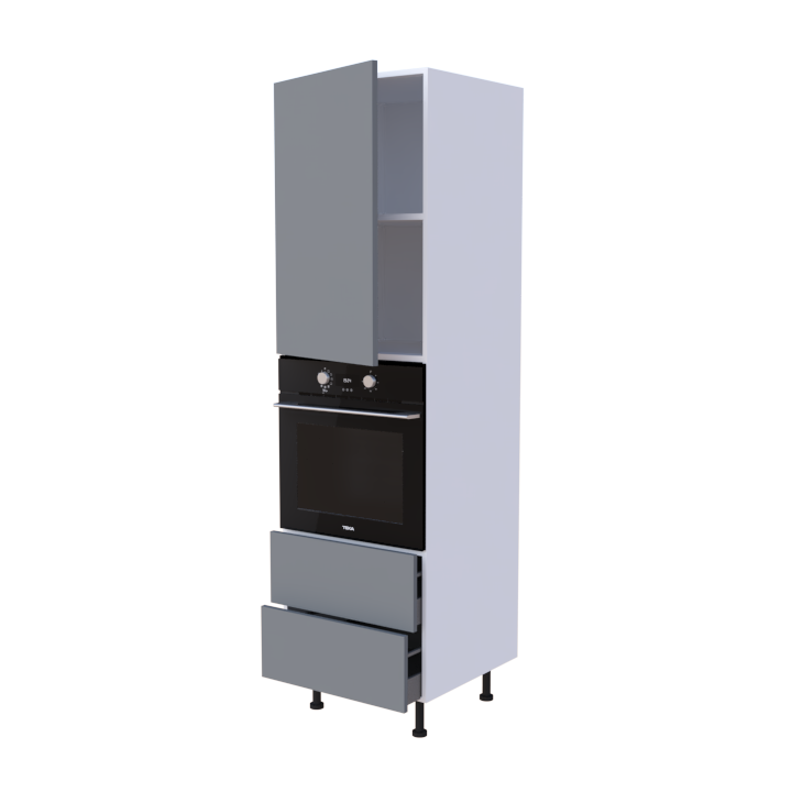 Colonne 1 placard + 2 tiroirs + four L60 x H200 x P58 - Gris Mélaminé Mat - meuble livré monté