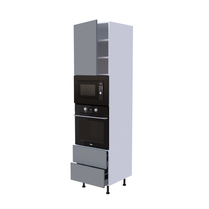 Colonne 1 placard + 2 tiroirs + four et micro-onde L60 x H220 x P58 - Gris Mélaminé Mat - meuble livré monté