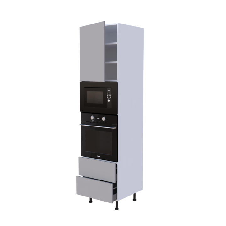Colonne 1 placard + 2 tiroirs + four et micro-onde L60 x H220 x P58 - Gris Nacré Brume - meuble livré monté