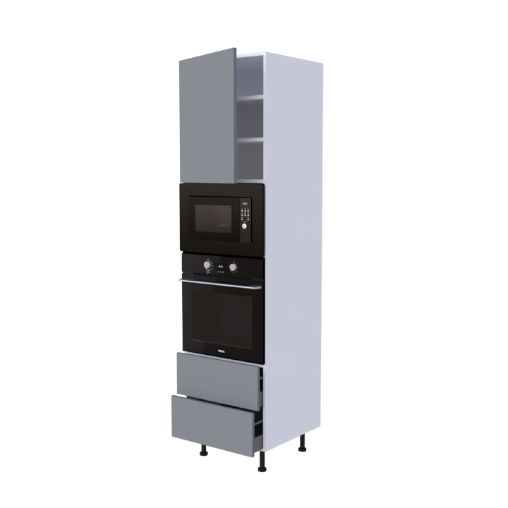 Colonne 1 placard + 2 tiroirs + four et micro-onde L60 x H220 x P58 - Gris Nuage Mat - meuble livré monté