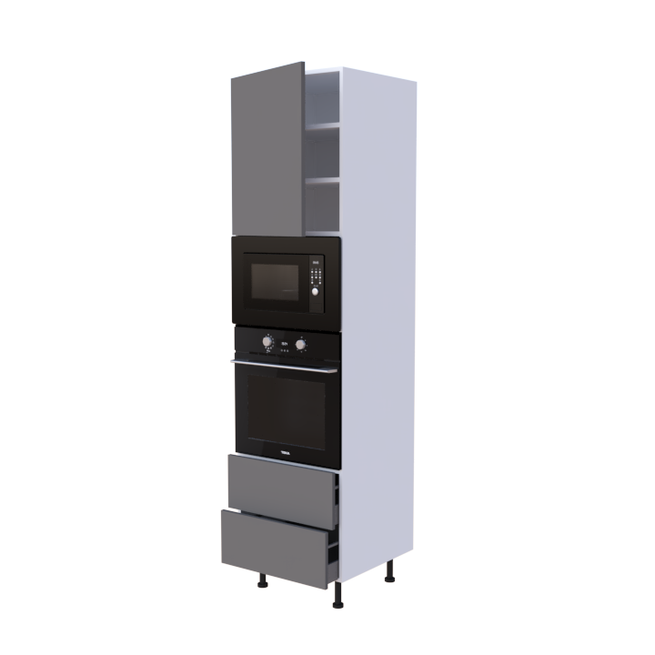 Colonne 1 placard + 2 tiroirs + four et micro-onde L60 x H220 x P58 - Gris Tempête Mat - meuble livré monté