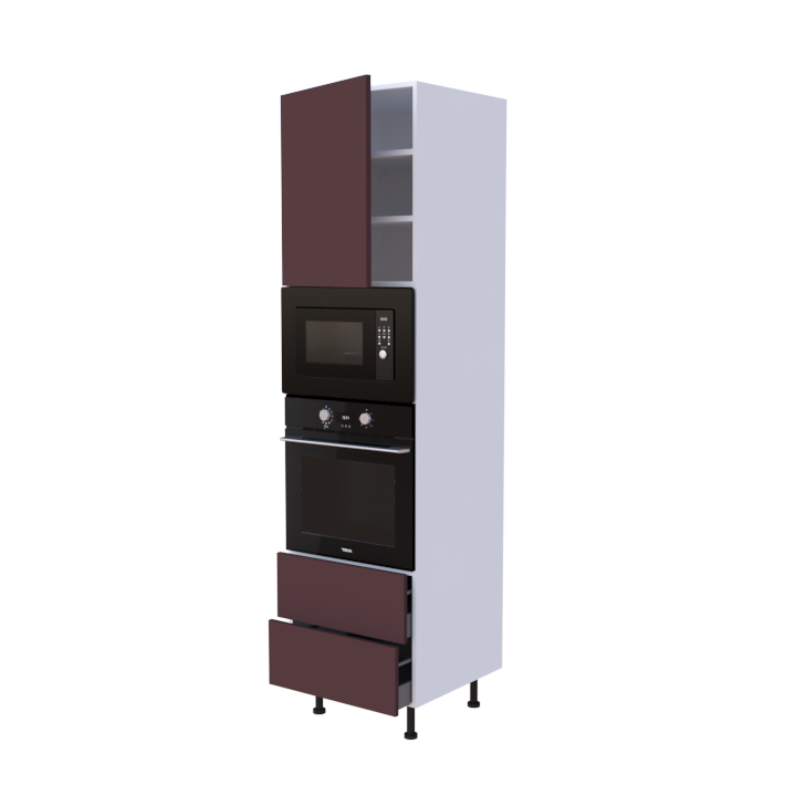 Colonne 1 placard + 2 tiroirs + four et micro-onde L60 x H220 x P58 - Groseille Mat - meuble livré monté