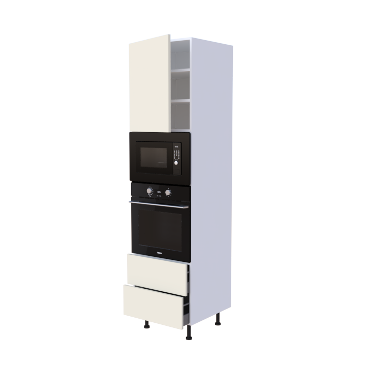 Colonne 1 placard + 2 tiroirs + four et micro-onde L60 x H220 x P58 - Magnolia Mat - meuble livré monté