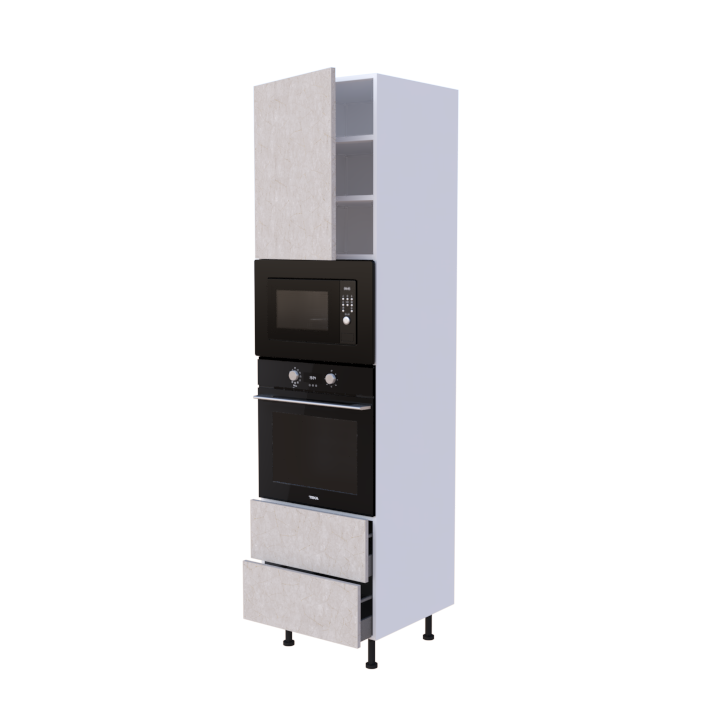 Colonne 1 placard + 2 tiroirs + four et micro-onde L60 x H220 x P58 - Marbre Crème Dorée - meuble livré monté