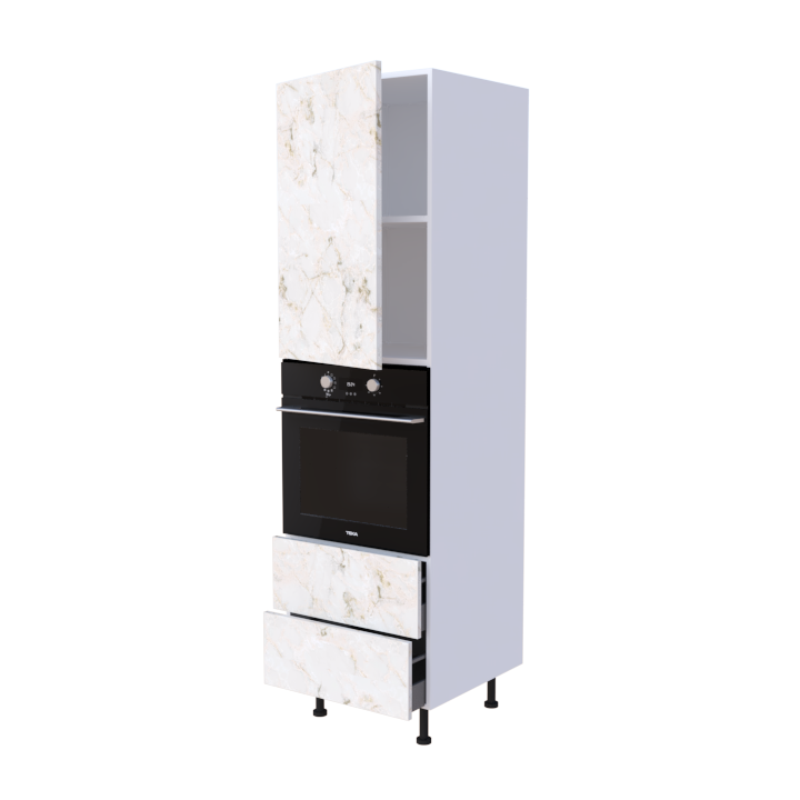 Colonne 1 placard + 2 tiroirs + four L60 x H200 x P58 - Marbre Sienne - meuble livré monté