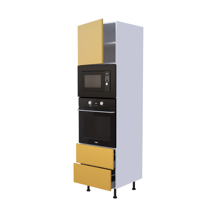 Colonne 1 placard + 2 tiroirs + four et micro-onde L60 x H200 x P58 - Métal Gold - meuble livré monté