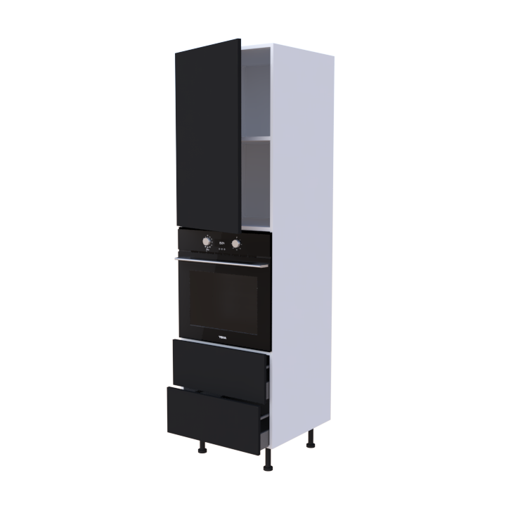 Colonne 1 placard + 2 tiroirs + four L60 x H200 x P58 - Noir Profond Mat - meuble livré monté