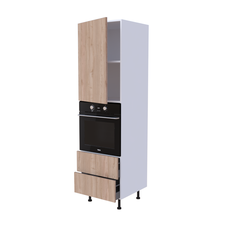 Colonne 1 placard + 2 tiroirs + four L60 x H200 x P58 - Noyer Blond Maté - meuble livré monté