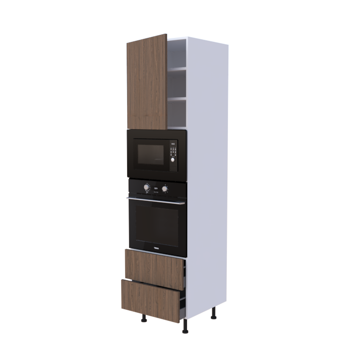 Colonne 1 placard + 2 tiroirs + four et micro-onde L60 x H220 x P58 - Noyer Brun Tigré - meuble livré monté