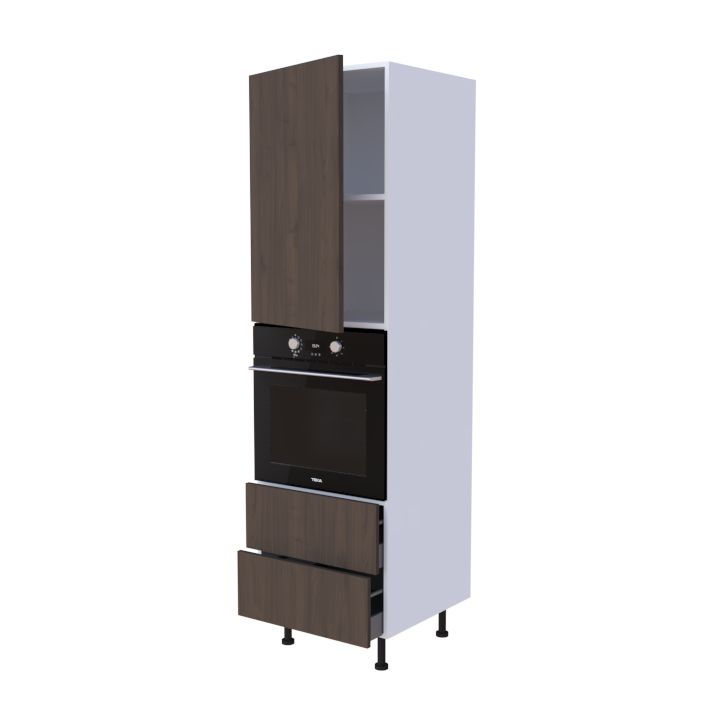 Colonne 1 placard + 2 tiroirs + four L60 x H200 x P58 - Noyer Italien - meuble livré monté