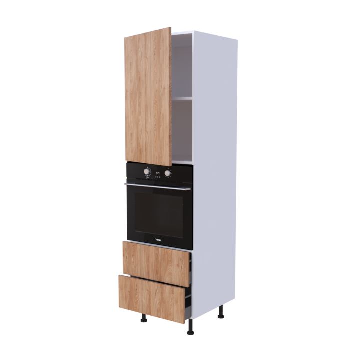 Colonne 1 placard + 2 tiroirs + four L60 x H200 x P58 - Noyer Laqué Brillant - meuble livré monté