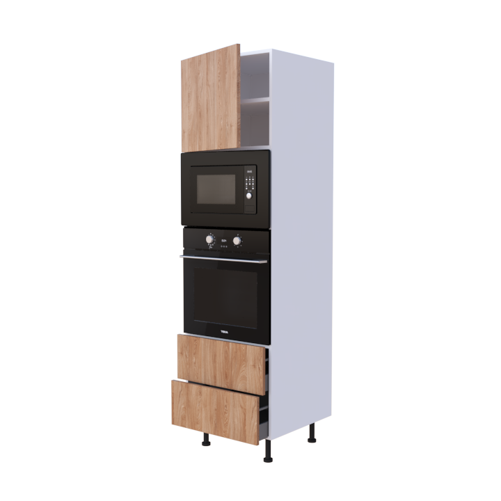 Colonne 1 placard + 2 tiroirs + four et micro-onde L60 x H200 x P58 - Noyer Laqué Brillant - meuble livré monté