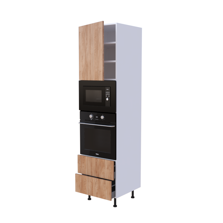 Colonne 1 placard + 2 tiroirs + four et micro-onde L60 x H220 x P58 - Noyer Laqué Brillant - meuble livré monté