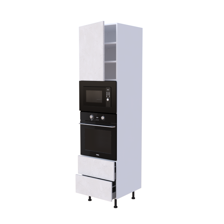 Colonne 1 placard + 2 tiroirs + four et micro-onde L60 x H220 x P58 - Nuage Albatre - meuble livré monté