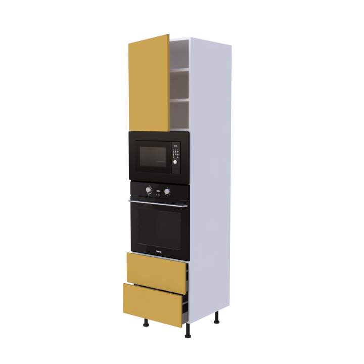 Colonne 1 placard + 2 tiroirs + four et micro-onde L60 x H220 x P58 - Ocre Mat - meuble livré monté