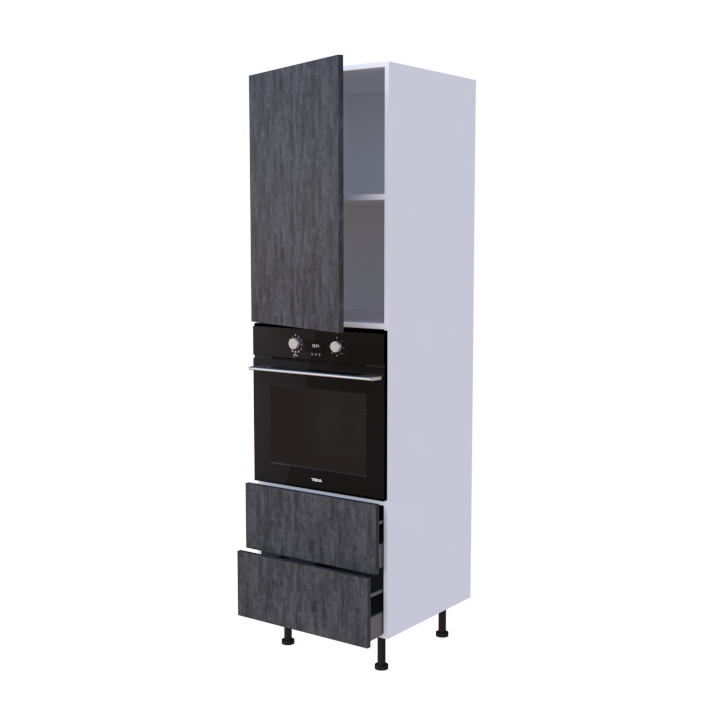 Colonne 1 placard + 2 tiroirs + four L60 x H200 x P58 - Pierre Anthracite Brillante - meuble livré monté