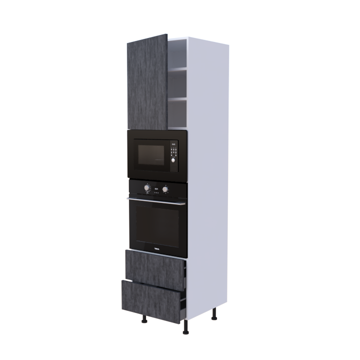 Colonne 1 placard + 2 tiroirs + four et micro-onde L60 x H220 x P58 - Pierre Anthracite Brillante - meuble livré monté