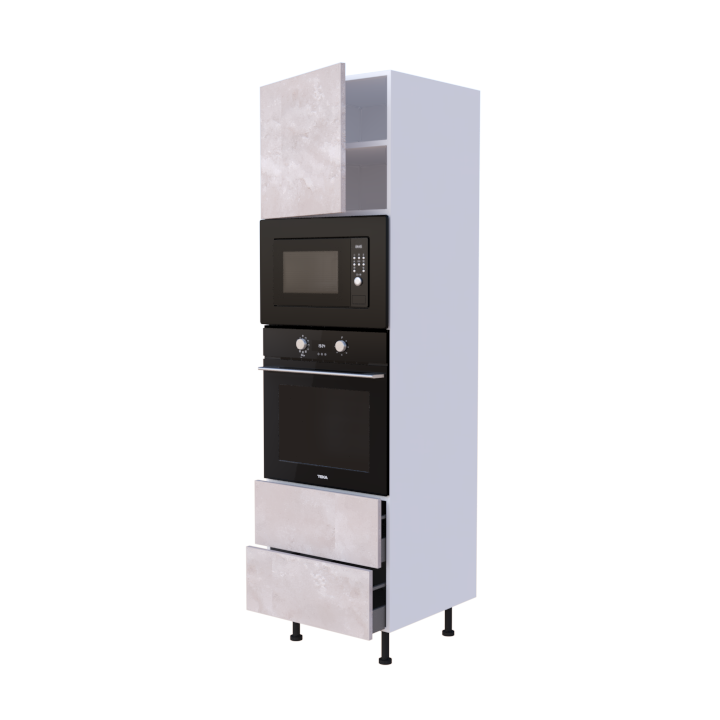 Colonne 1 placard + 2 tiroirs + four et micro-onde L60 x H200 x P58 - Pierre Rose Quartz - meuble livré monté