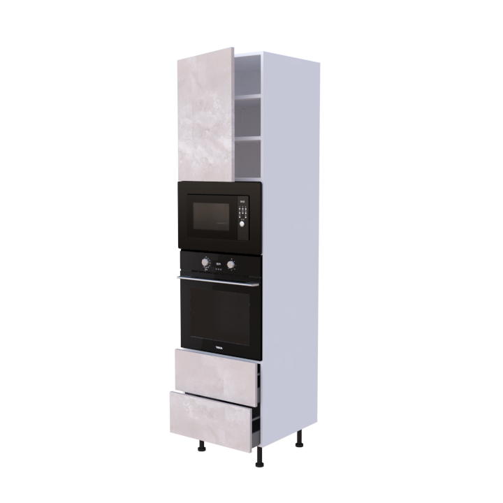 Colonne 1 placard + 2 tiroirs + four et micro-onde L60 x H220 x P58 - Pierre Rose Quartz - meuble livré monté