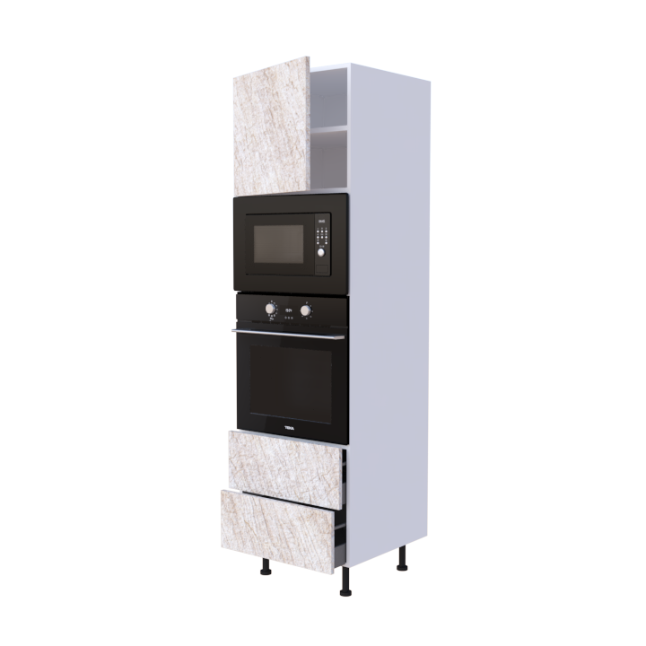 Colonne 1 placard + 2 tiroirs + four et micro-onde L60 x H200 x P58 - Quartz Sahara - meuble livré monté