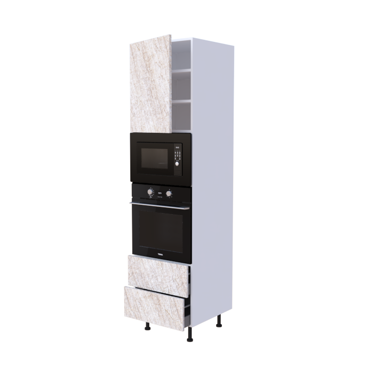 Colonne 1 placard + 2 tiroirs + four et micro-onde L60 x H220 x P58 - Quartz Sahara - meuble livré monté
