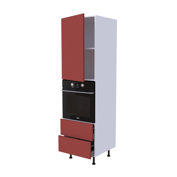 Colonne 1 placard + 2 tiroirs + four L60 x H200 x P58 - Rouge Pompéi Mat - meuble livré monté