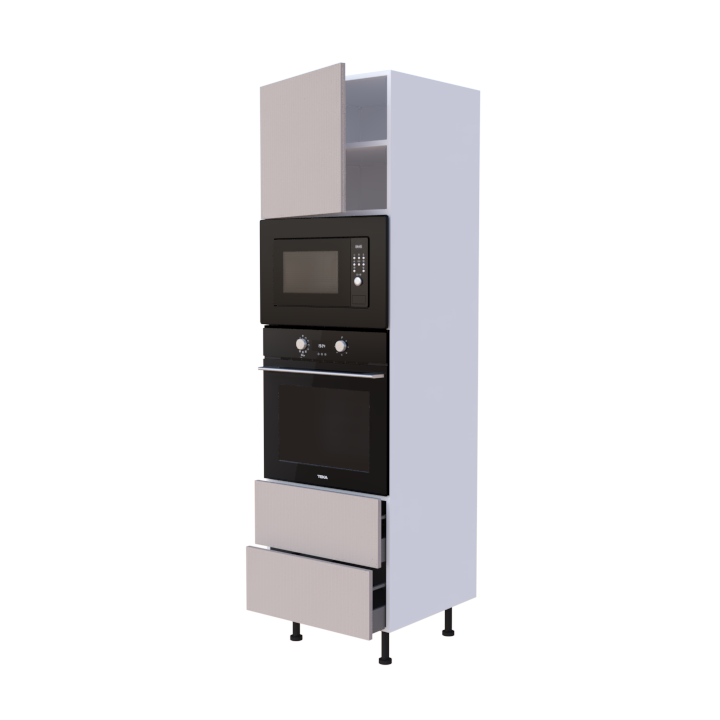 Colonne 1 placard + 2 tiroirs + four et micro-onde L60 x H200 x P58 - Taupe Argile Strié - meuble livré monté