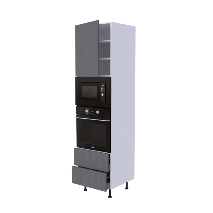 Colonne 1 placard + 2 tiroirs + four et micro-onde L60 x H220 x P58 - Titane Graphite Brossé - meuble livré monté