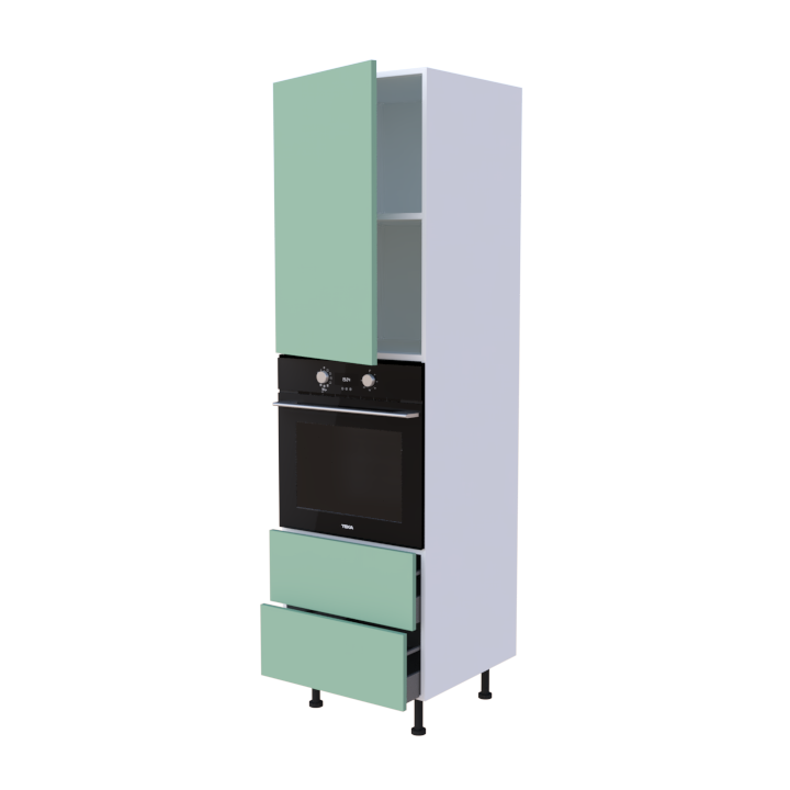 Colonne 1 placard + 2 tiroirs + four L60 x H200 x P58 - Vert Clair Mélaminé Mat - meuble livré monté