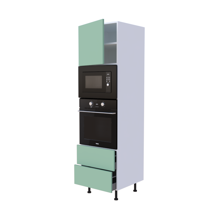 Colonne 1 placard + 2 tiroirs + four et micro-onde L60 x H200 x P58 - Vert Clair Mélaminé Mat - meuble livré monté