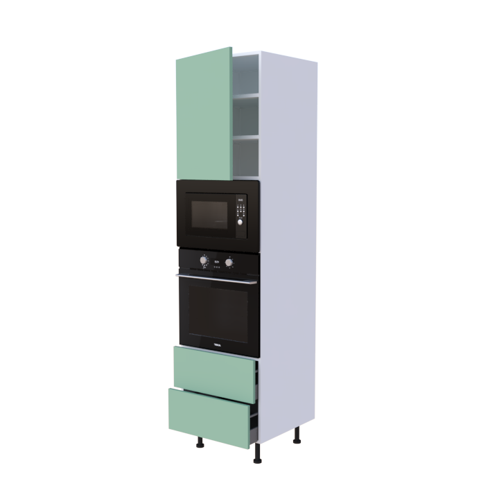 Colonne 1 placard + 2 tiroirs + four et micro-onde L60 x H220 x P58 - Vert Clair Mélaminé Mat - meuble livré monté