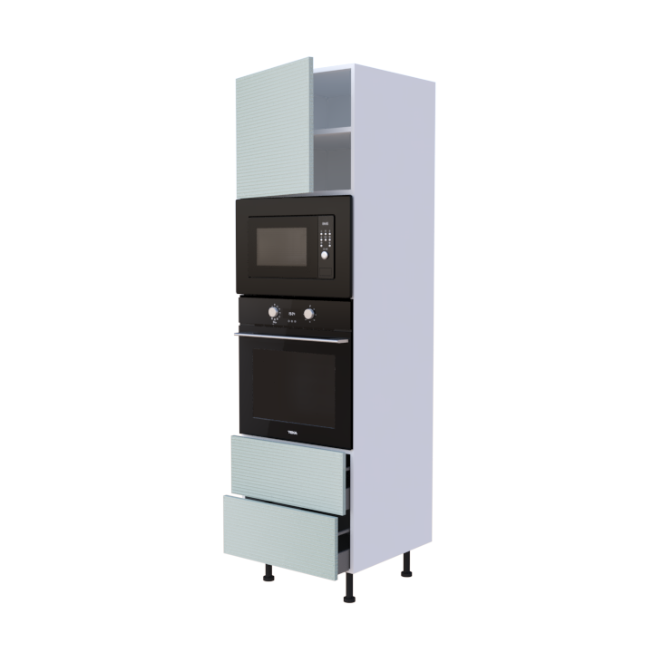 Colonne 1 placard + 2 tiroirs + four et micro-onde L60 x H200 x P58 - Vert Ecume Brossé - meuble livré monté