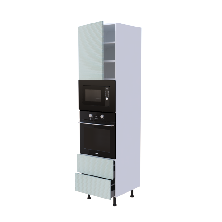 Colonne 1 placard + 2 tiroirs + four et micro-onde L60 x H220 x P58 - Vert Ecume Brossé - meuble livré monté
