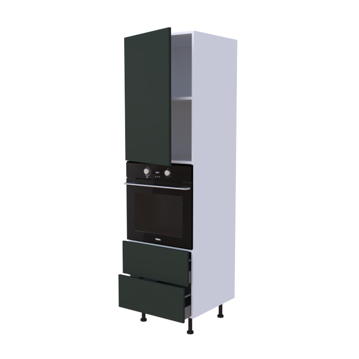 Colonne 1 placard + 2 tiroirs + four L60 x H200 x P58 - Vert Foncé Mélaminé Mat - meuble livré monté
