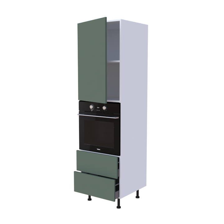 Colonne 1 placard + 2 tiroirs + four L60 x H200 x P58 - Vert Liquen Mat - meuble livré monté