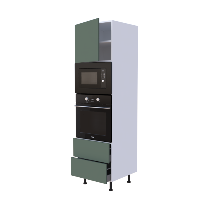 Colonne 1 placard + 2 tiroirs + four et micro-onde L60 x H200 x P58 - Vert Liquen Mat - meuble livré monté