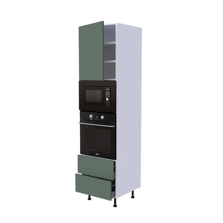 Colonne 1 placard + 2 tiroirs + four et micro-onde L60 x H220 x P58 - Vert Liquen Mat - meuble livré monté