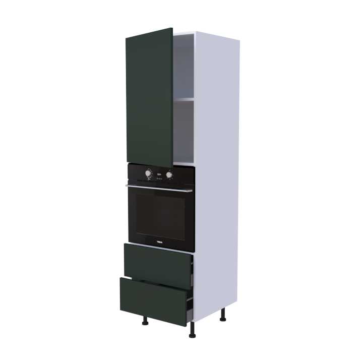 Colonne 1 placard + 2 tiroirs + four L60 x H200 x P58 - Vert Sauge Laqué Brillant - meuble livré monté
