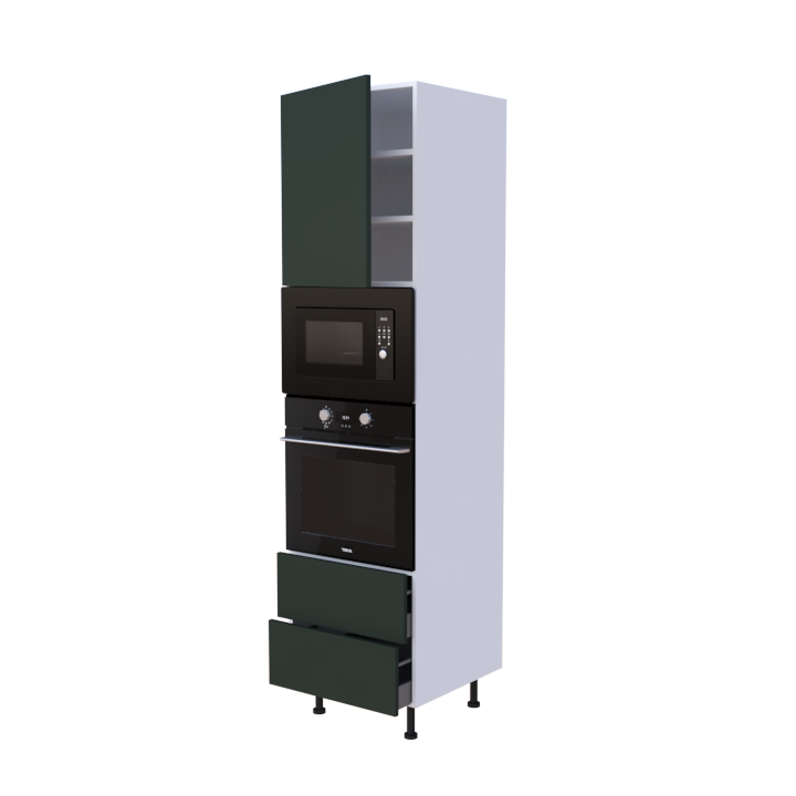 Colonne 1 placard + 2 tiroirs + four et micro-onde L60 x H220 x P58 - Vert Sauge Laqué Brillant - meuble livré monté