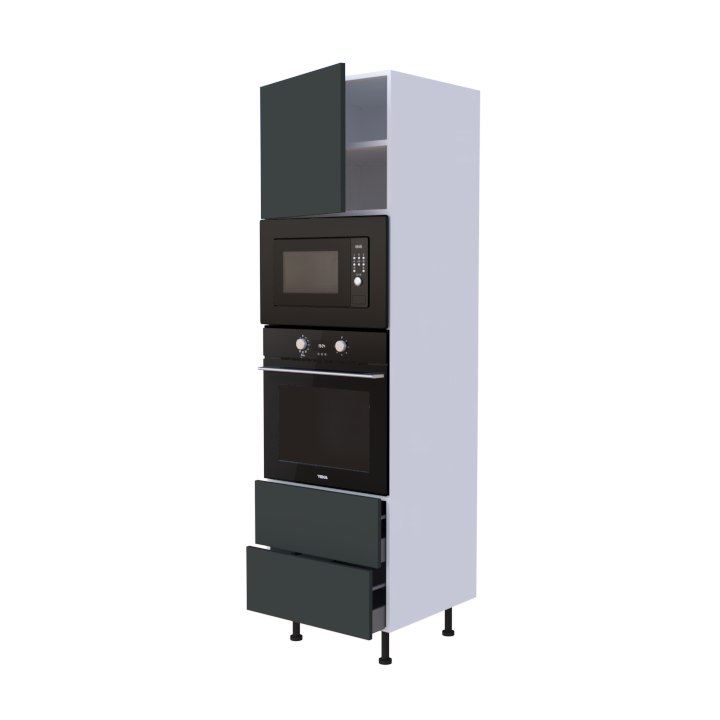 Colonne 1 placard + 2 tiroirs + four et micro-onde L60 x H200 x P58 - Vert Sauge Mat - meuble livré monté