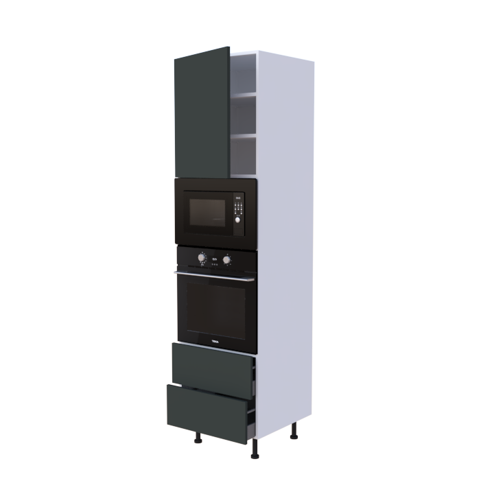 Colonne 1 placard + 2 tiroirs + four et micro-onde L60 x H220 x P58 - Vert Sauge Mat - meuble livré monté