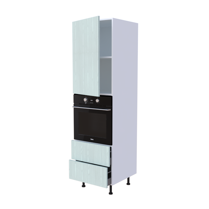 Colonne 1 placard + 2 tiroirs + four L60 x H200 x P58 - Vert Sauge Sculpté - meuble livré monté